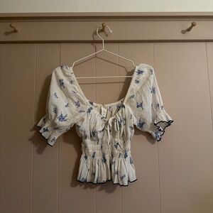 H&M White and Blue Floral Smocked Blouse